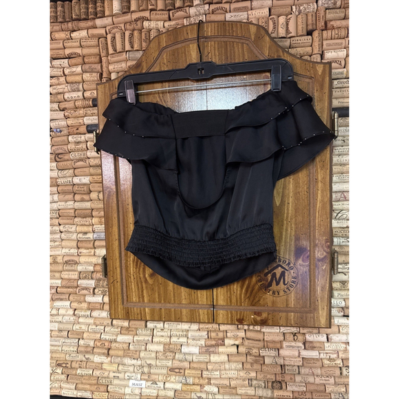 Y2K Rampage Black Layered Flowy Beaded Strapless Open Back Top Sz S - Picture 6 of 6